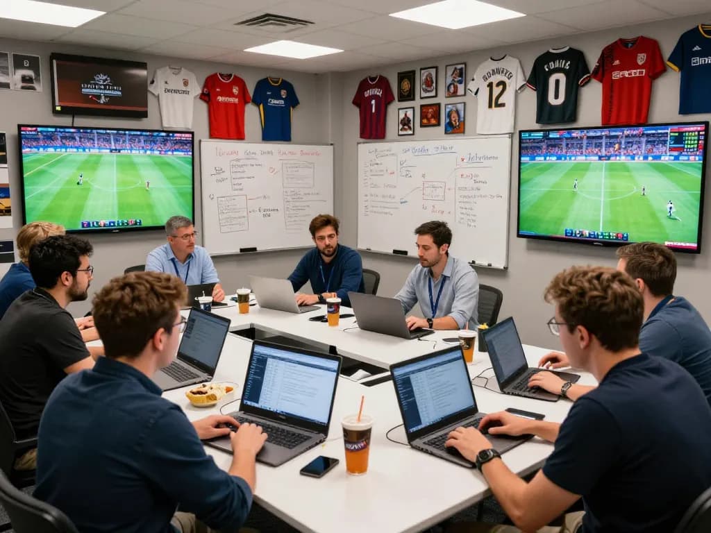 Sports analysts collaborating at https://bongdalu.trade/ analyzing real-time statistics and match data in a vibrant environment.