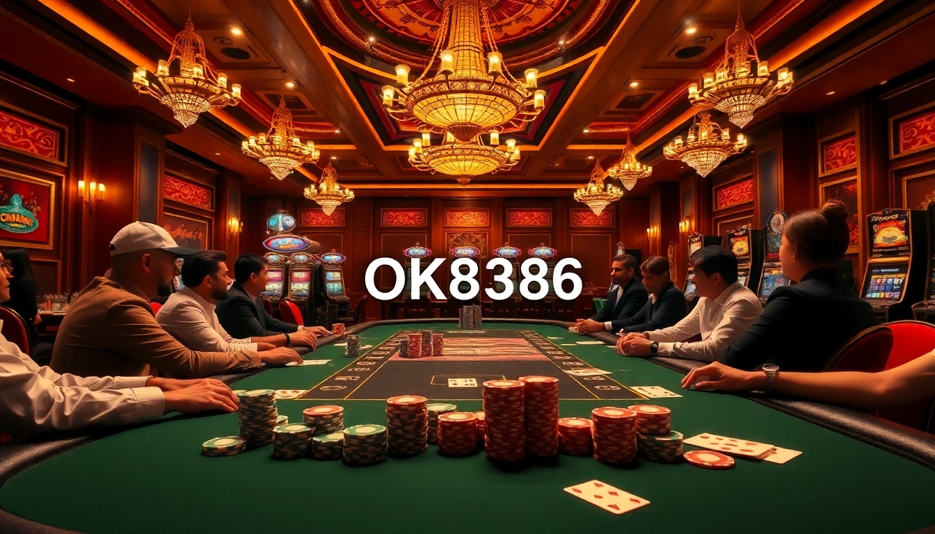 Experience thrilling poker at a luxury casino featuring OK8386 with vibrant tables and engrossed players.