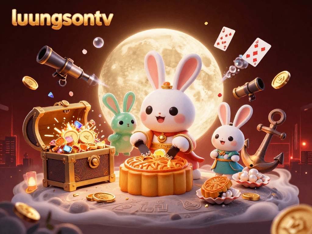 Experience thrilling gameplay with luongsontv as the moon rabbit reveals poker chips in a vibrant casino landscape.
