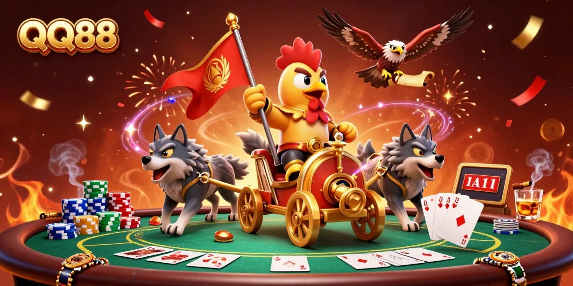 Engage with QQ88's vibrant 3D casino adventure featuring a rooster warlord, poker elements, and dynamic visuals.
