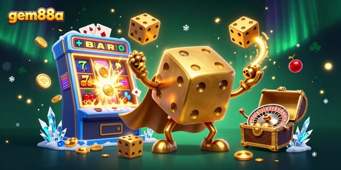 Experience thrilling wins with gem88a's vibrant 3D casino illustration showcasing jackpot elements.