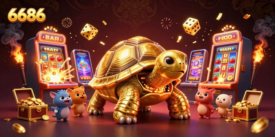 Showcase vibrant gameplay at 6686 casino with a playful golden tortoise and thrilling jackpots.