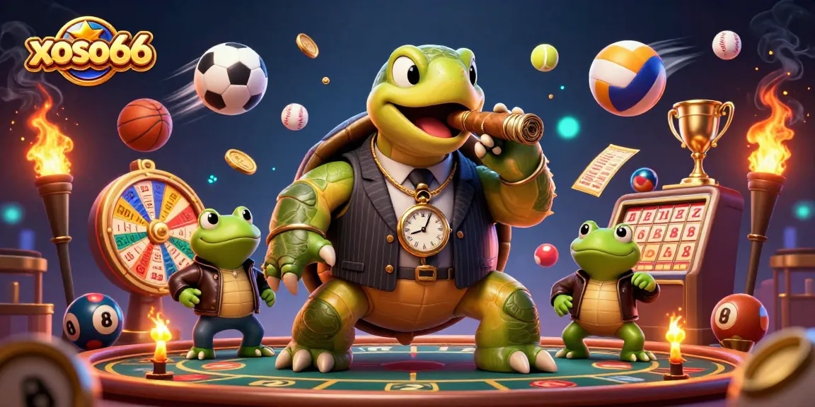 xoso66 promotes excitement with a dynamic 3D cartoon scene featuring a snapping turtle and lottery elements.