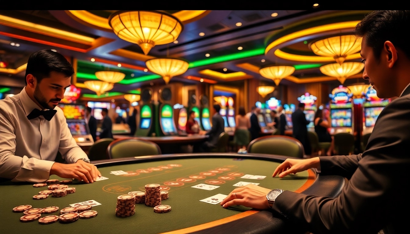 GA888 players enjoying poker at a luxurious casino table with vibrant chips and cards
