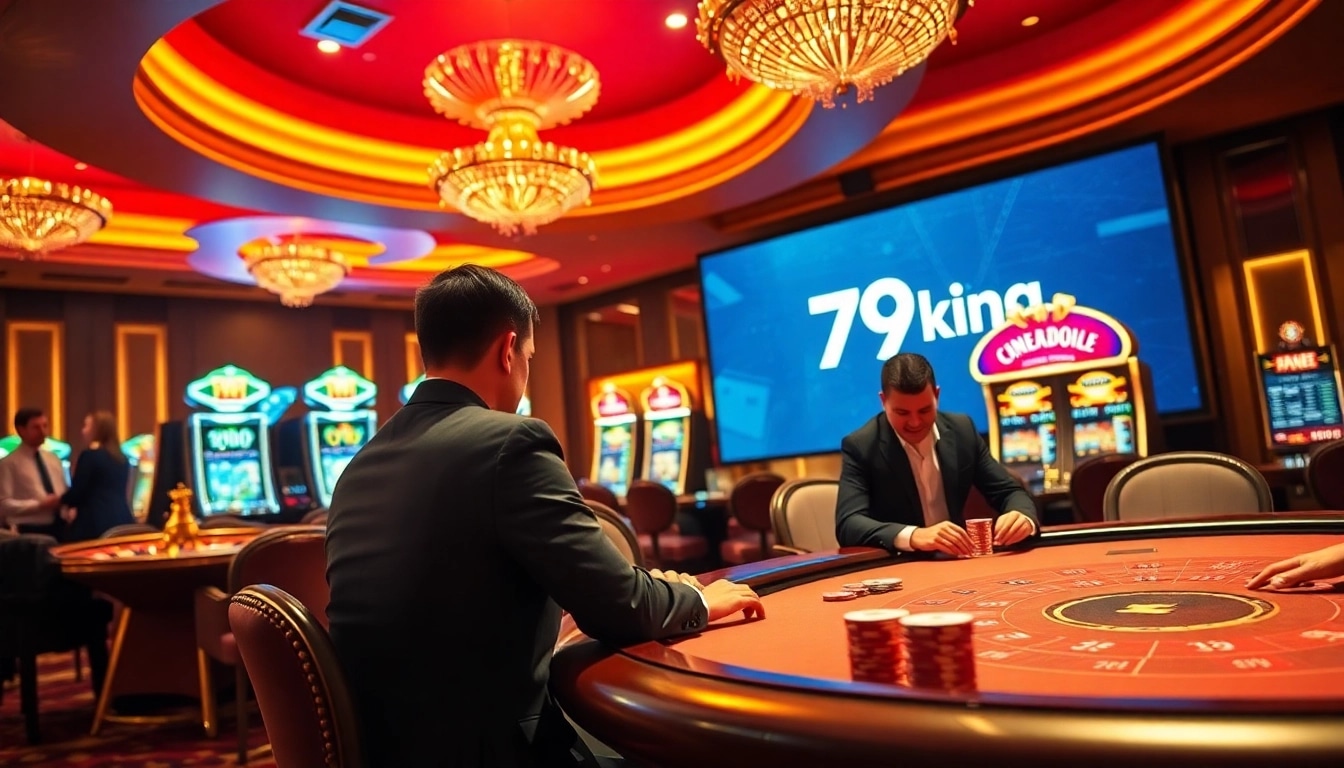 Engaging poker player strategizing at a 79king casino table with vibrant slot machines.
