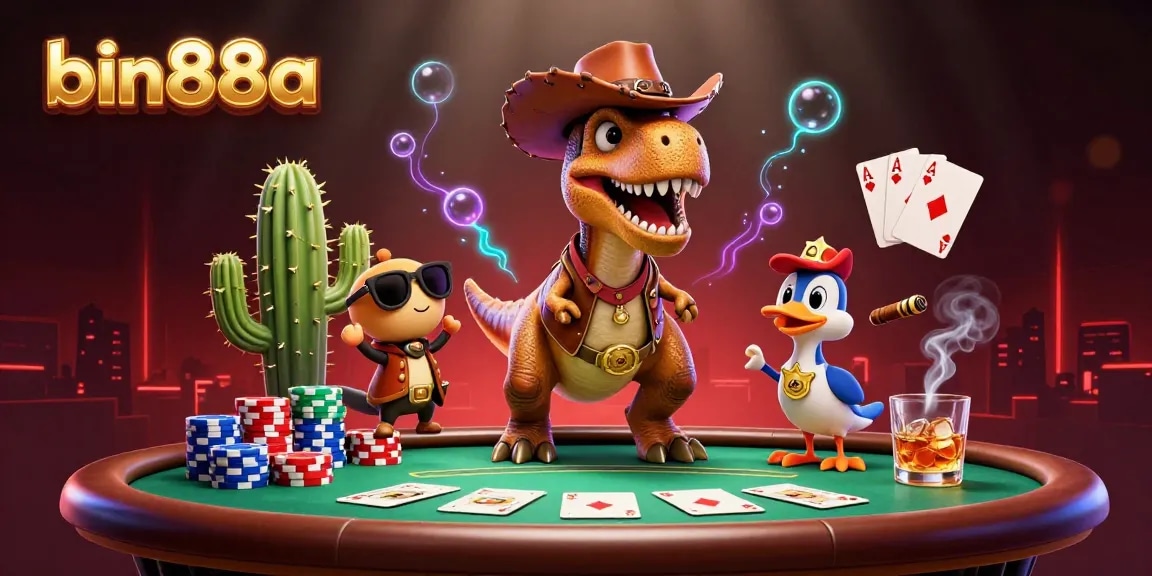 Experience exciting gaming at bin88a with a vibrant 3D illustration of a cowboy dinosaur and friends at a poker table.