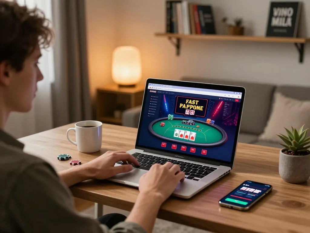 Engaging in fast payout casino Australia gaming on laptop, showcasing poker interface.