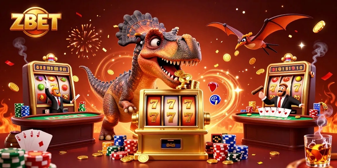 ZBET showcases thrilling jackpots with a dinosaur and slot machine amidst exciting casino action
