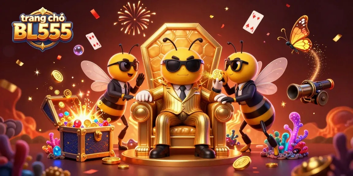 Experience the excitement of trang chủ BL555 with a vibrant 3D illustration of a casino scene filled with gold coins and lucky charms.