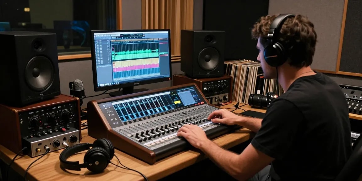 Engineer using DA88 multitrack recorder in a professional music studio, showcasing audio mixing setup with vintage equipment.