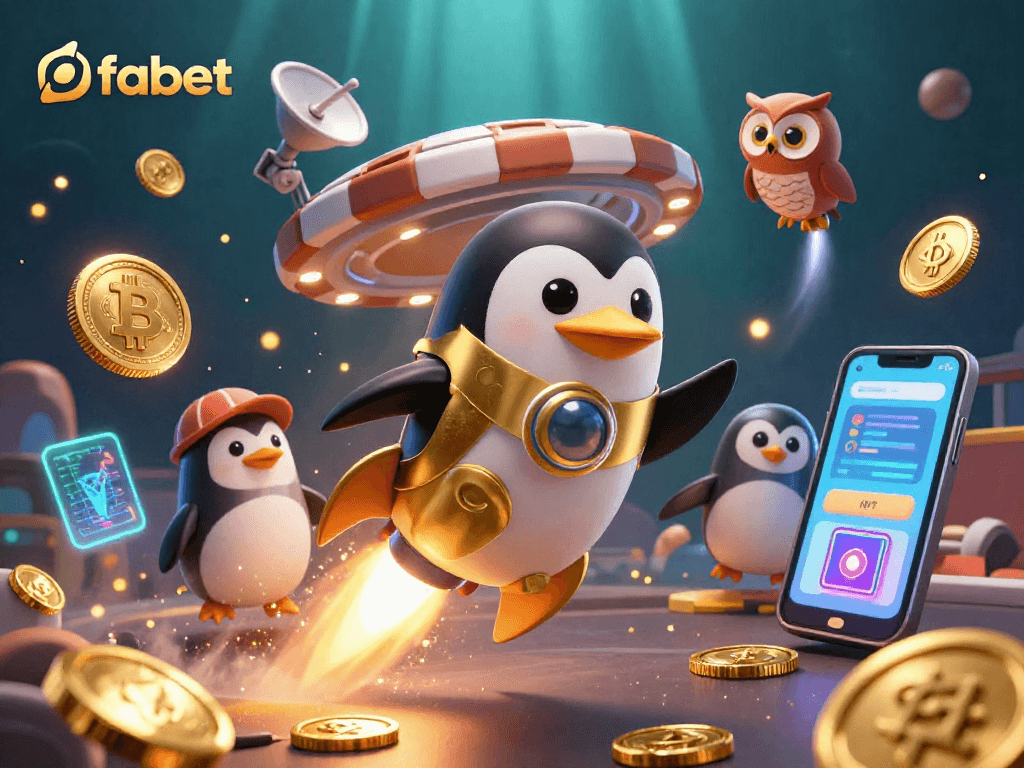 Experience the fabet crypto casino adventure with a golden penguin, vibrant Bitcoin coins, and a poker chip station.