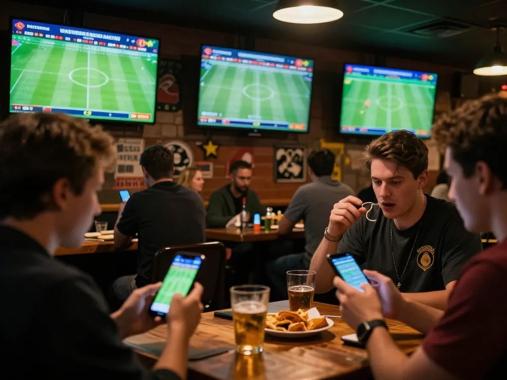 Bóng đá Bet168 betting action with friends at a lively sports bar, engaging with betting apps and live matches.