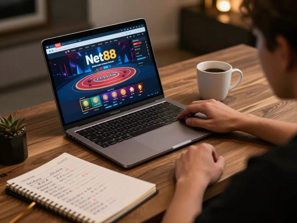 Engaging in online gambling with net88 on a laptop at home in a cozy atmosphere.