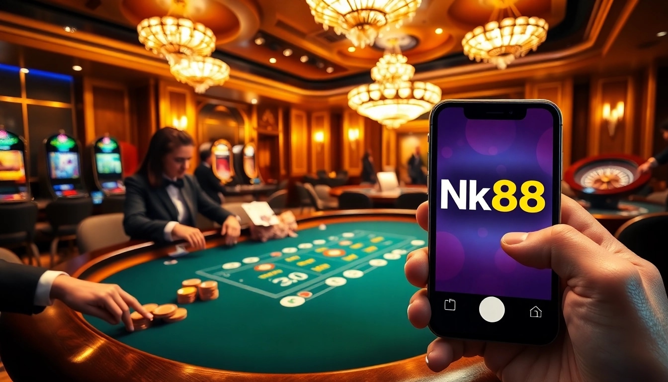 Engaged players enjoying a game at NK88 casino with vibrant slot machines and a roulette wheel.