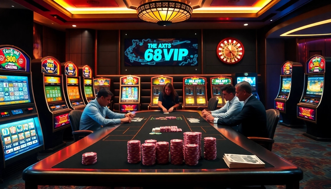 Experience the luxury of 68VIP with players engaged in high-stakes poker at a vibrant casino.