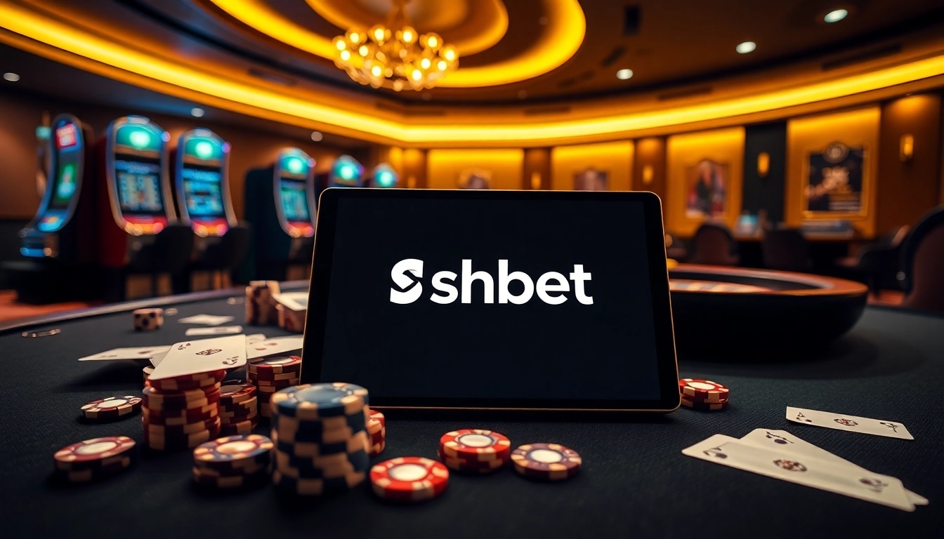 Experience the thrill of shbet with elite casino gameplay featuring poker chips and a roulette wheel.