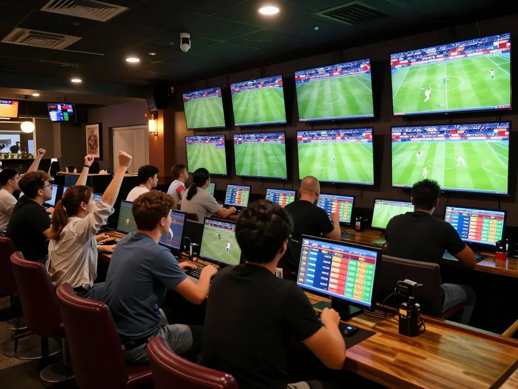 Soi kèo bóng đá during an exciting live betting session with spectators cheering and multiple screens displaying real-time odds.