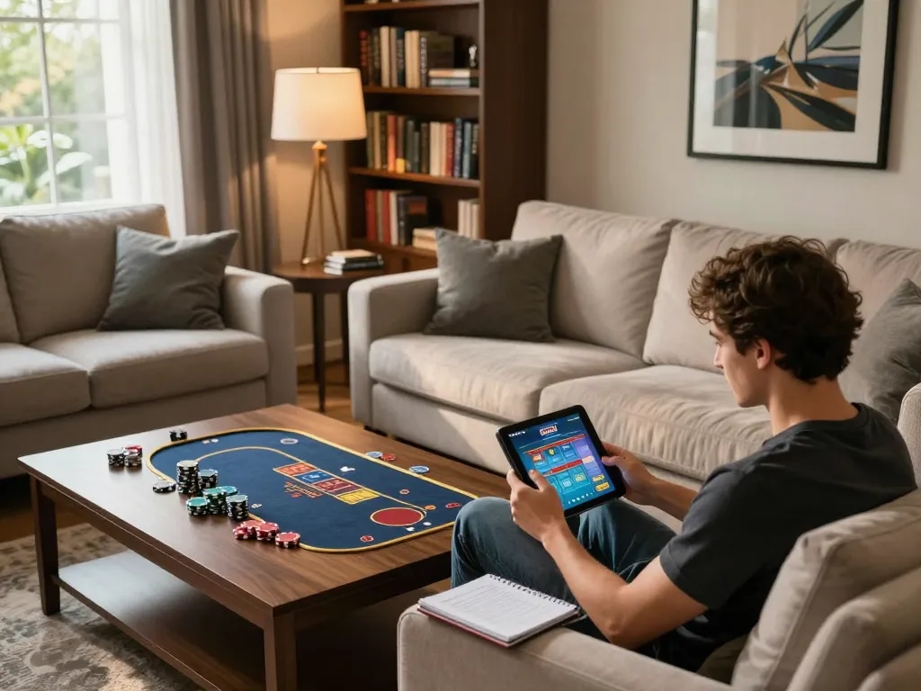 Tai xiu online being played on a tablet by a person in a cozy living room, showcasing smart gaming strategy.