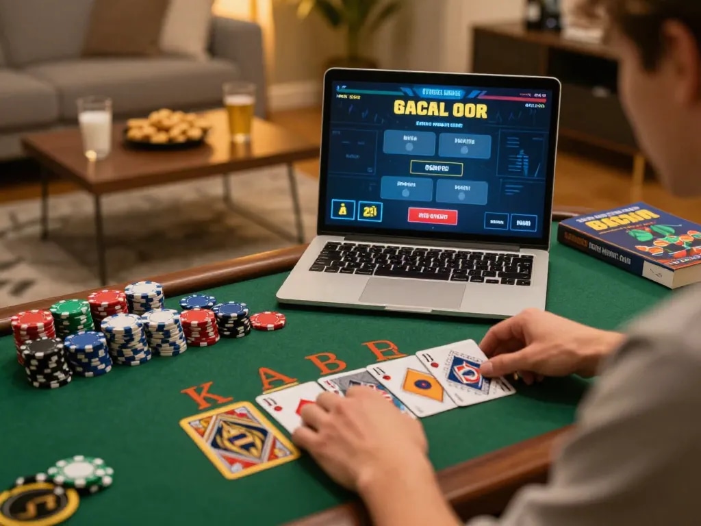 gem88 player enjoying a live dealer blackjack game on a laptop in a cozy home setting