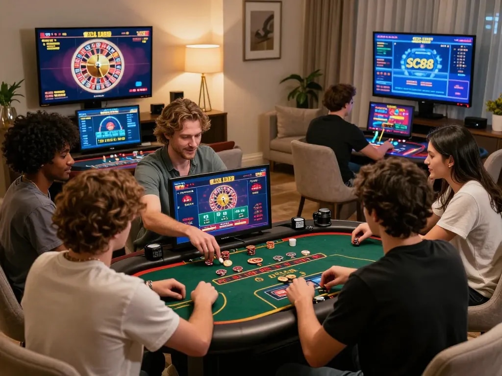 Players enjoying SC88 online casino gaming session on digital devices in a cozy setting.