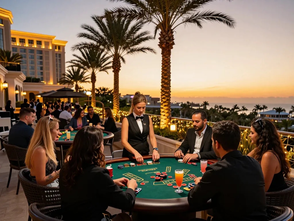 Win138 players enjoying blackjack on a stunning casino terrace at sunset, lively ambiance and upgraded decor