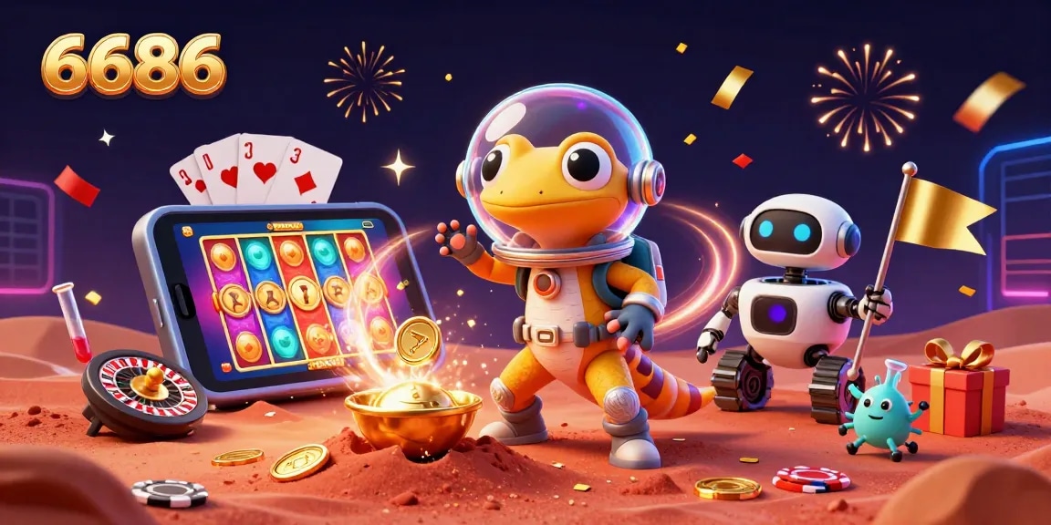 Experience gaming at 6686 with a Martian gecko discovering a golden casino in a vibrant alien scene.