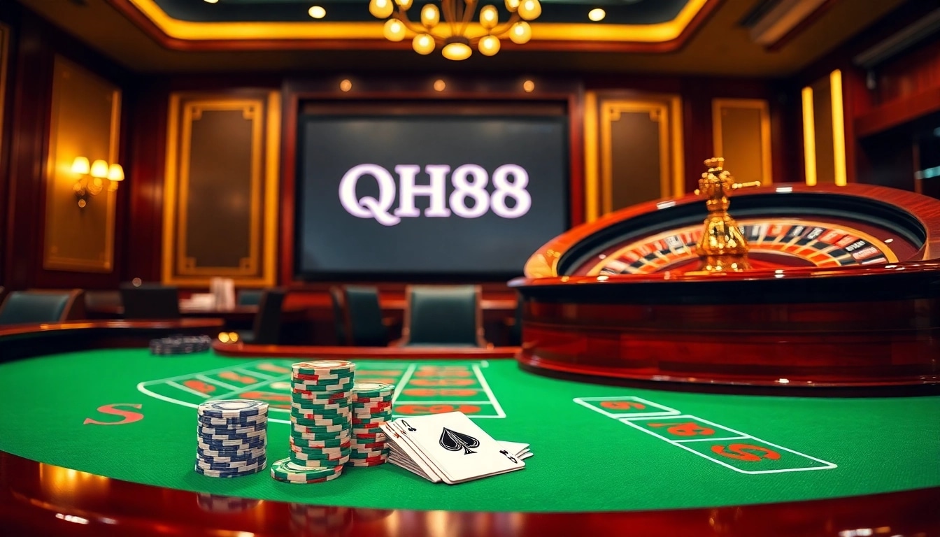 Exciting baccarat setup at QH88 casino, showcasing colorful chips and elegant cards.