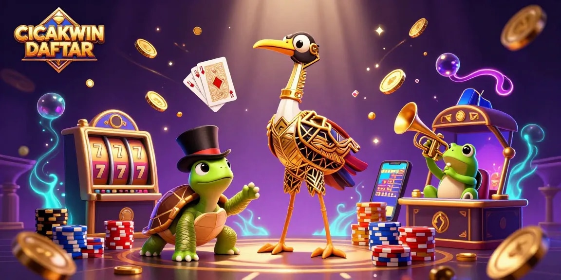 CICAKWIN DAFTAR offers dynamic slot gaming action amidst cascading coins and vibrant characters in a thrilling casino scene.