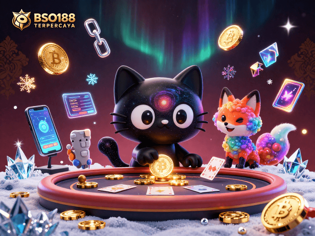 Engaging BSO188 TERPERCAYA casino scene featuring a cosmic cat and fox with crypto elements.