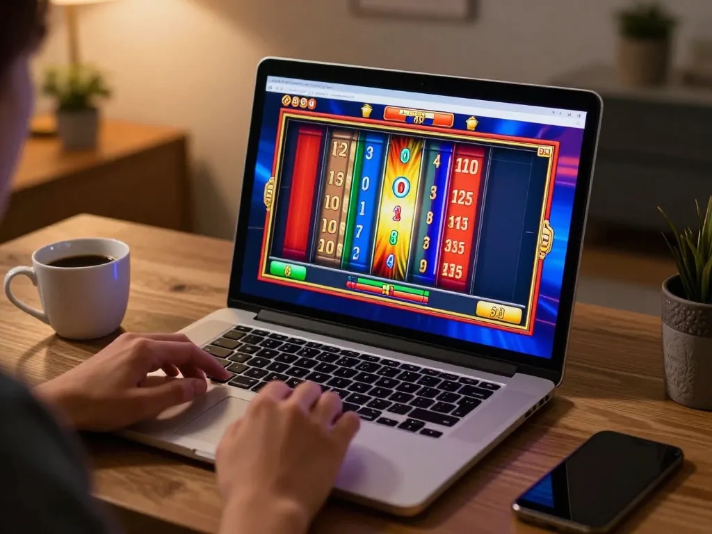 Engaging in online gaming at SHBET with vibrant slot game interface on laptop