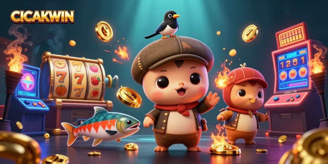 CICAKWIN engages players with lively slot reels and entertaining characters in a casino-inspired scene.