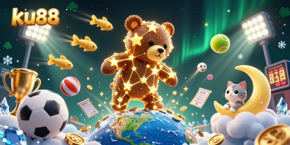 ku88 showcases a dazzling 3D digital casino scene with a constellation bear, coins, and vibrant sports themes.
