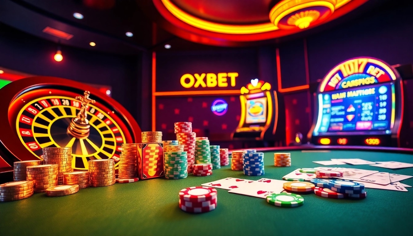 Engage in thrilling OXBET casino experiences with vibrant tables, roulette, and poker chips.