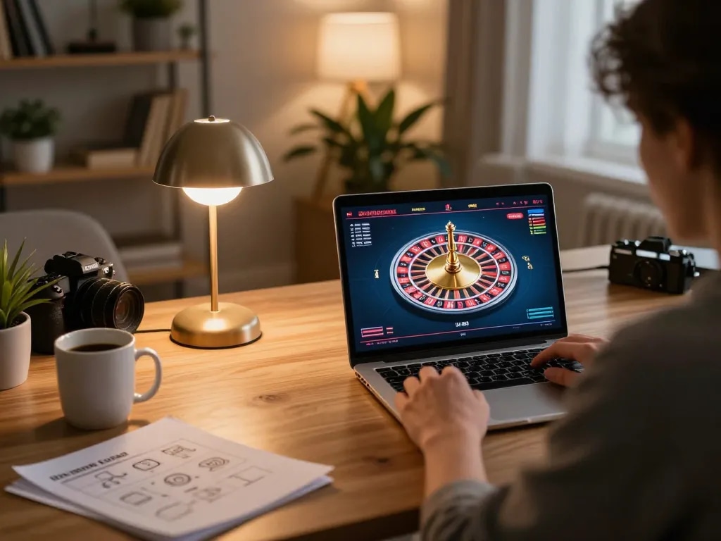 Engaging player at home gaming setup using sky88 club platform for live roulette action.