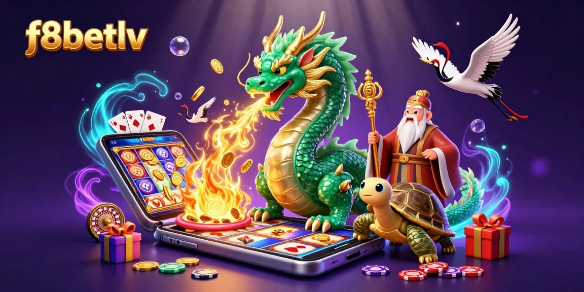 Engaging 3D scene showcasing f8betlv with a jade dragon, turtle sage, and lucky cranes amidst vibrant casino elements.