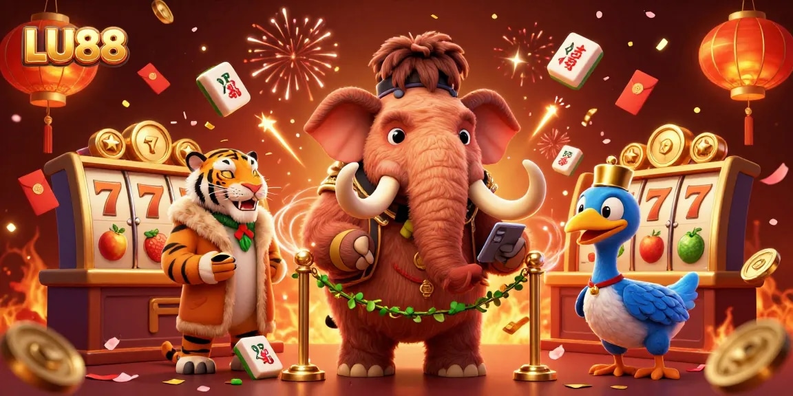 Engage with LU88's vibrant casino experience featuring a woolly mammoth and saber-tooth tiger.