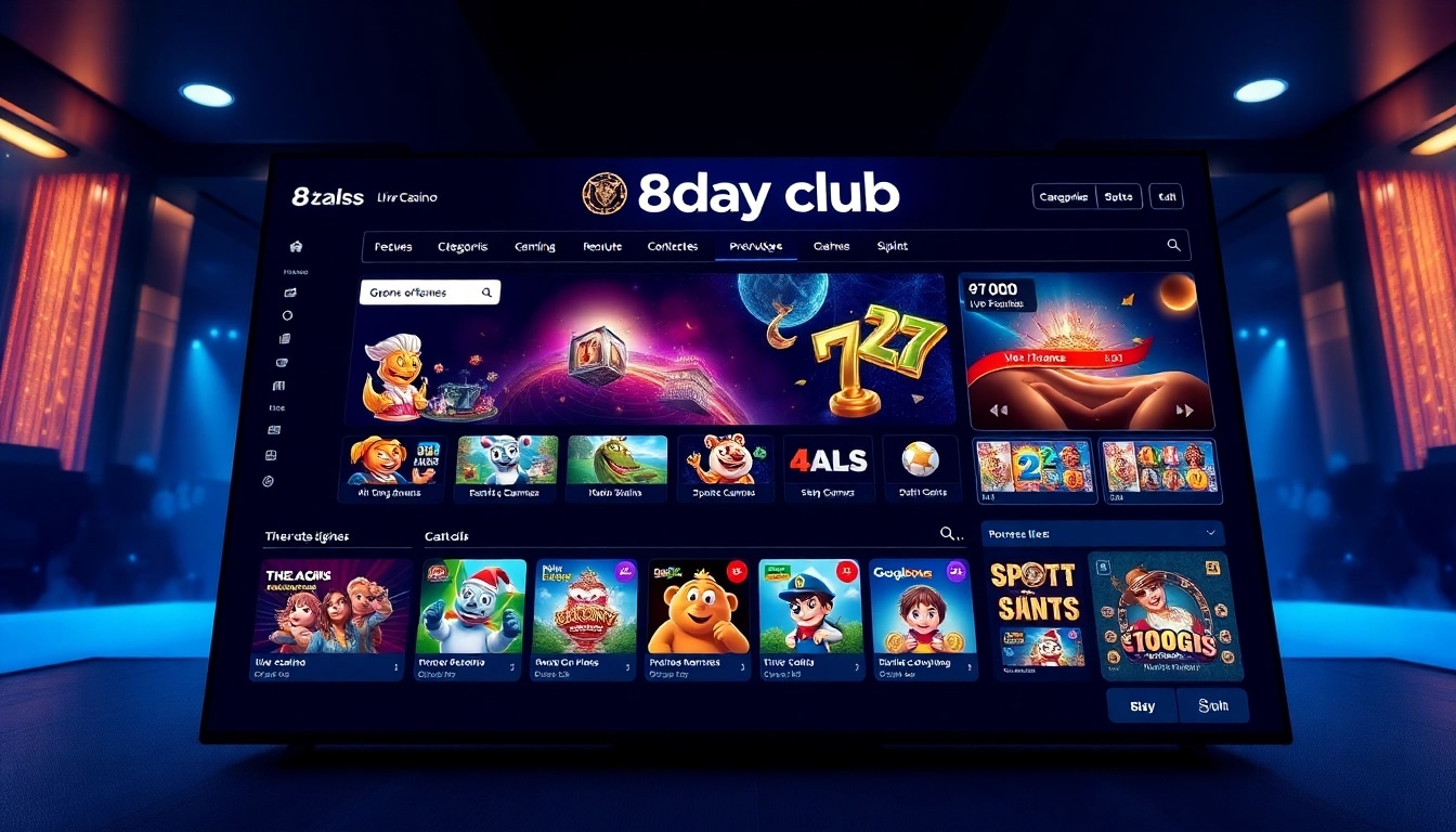 The interactive interface of the 8day club online gaming platform showcasing vibrant game categories and promotional features.