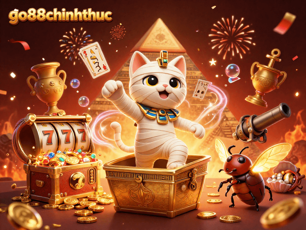 Engage with go88chinhthuc through this vibrant illustration featuring a mummy cat and rich casino elements.