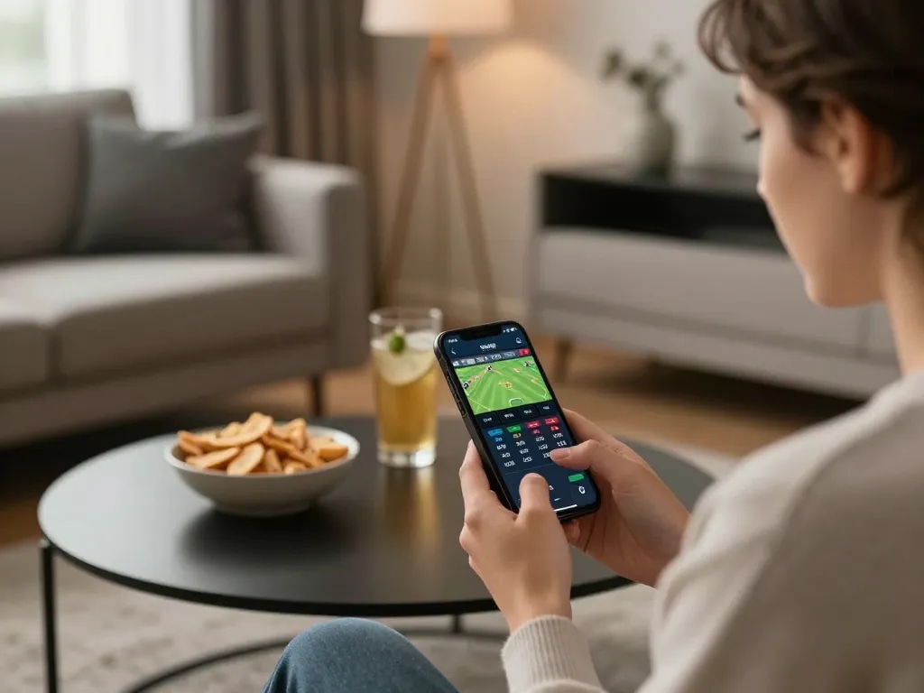 Engaging in sports betting on lu88. com with live odds displayed on smartphone in a cozy home setting.