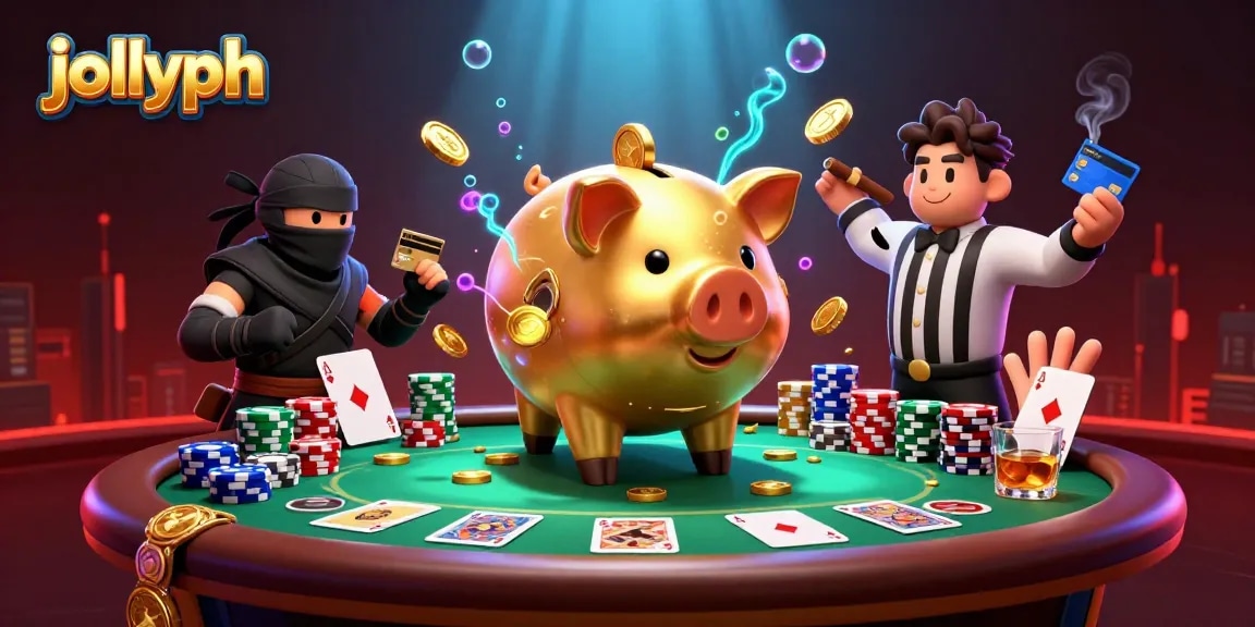 Engage with jollyph's thrilling casino atmosphere featuring a dynamic poker scene with colorful chip towers.