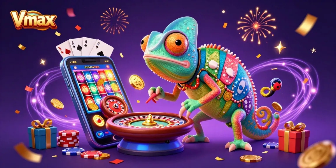 Engage with Vmax, the colorful chameleon casino owner, as coins rain down from excitement with dynamic gaming effects.