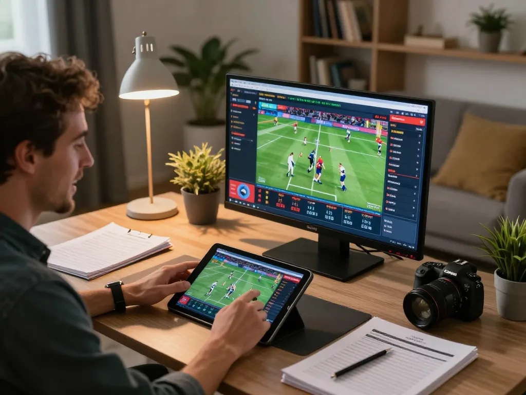 Player analyzing kèo nhà cái on tablet while betting at home, showcasing strategic approach in comfortable environment