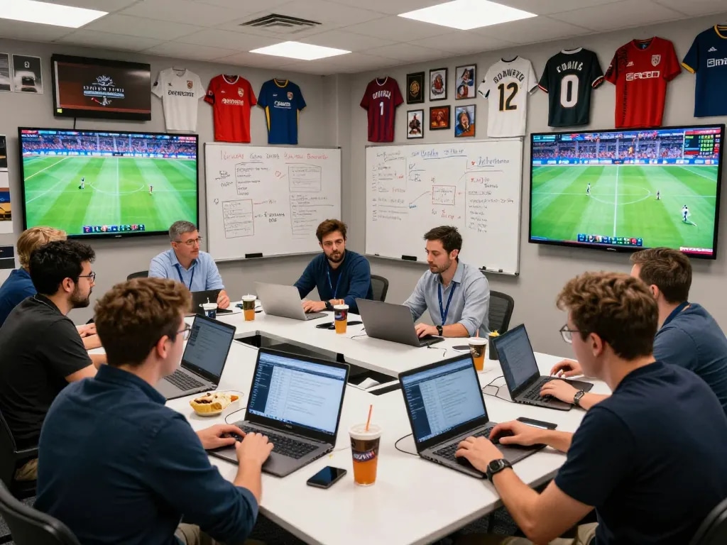 Sports analysts collaborating at https://bongdalu.trade/ analyzing real-time statistics and match data in a vibrant environment.