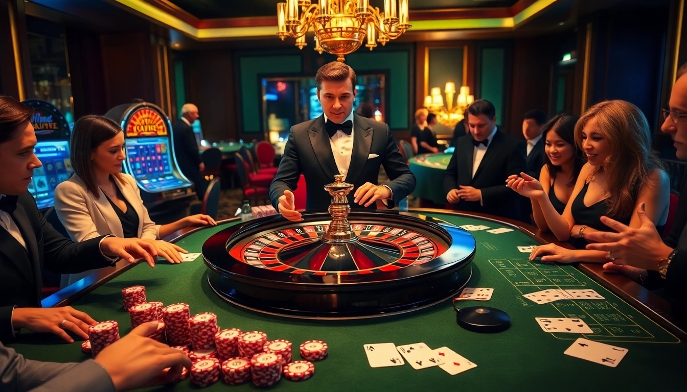 Players enjoying roulette and poker games at the luxurious RR88 online casino.