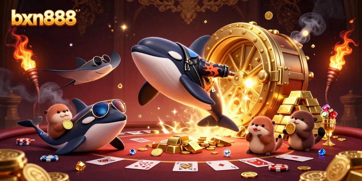 Experience thrilling gaming at bxn888 with a dynamic poker scene featuring a lively cartoon orca and friends.