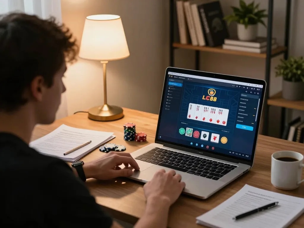 Play online poker on LC88, analyzing strategy with focused expression and notes on the desk