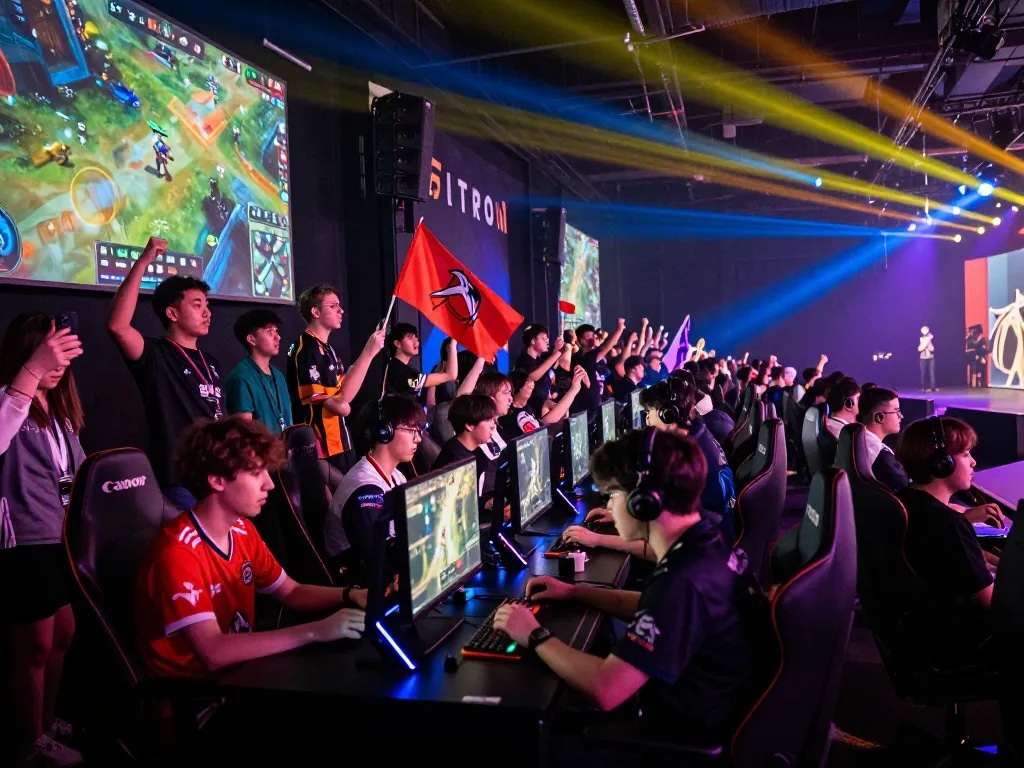 Exciting esports arena at ONBET esport tournament with fans and players.