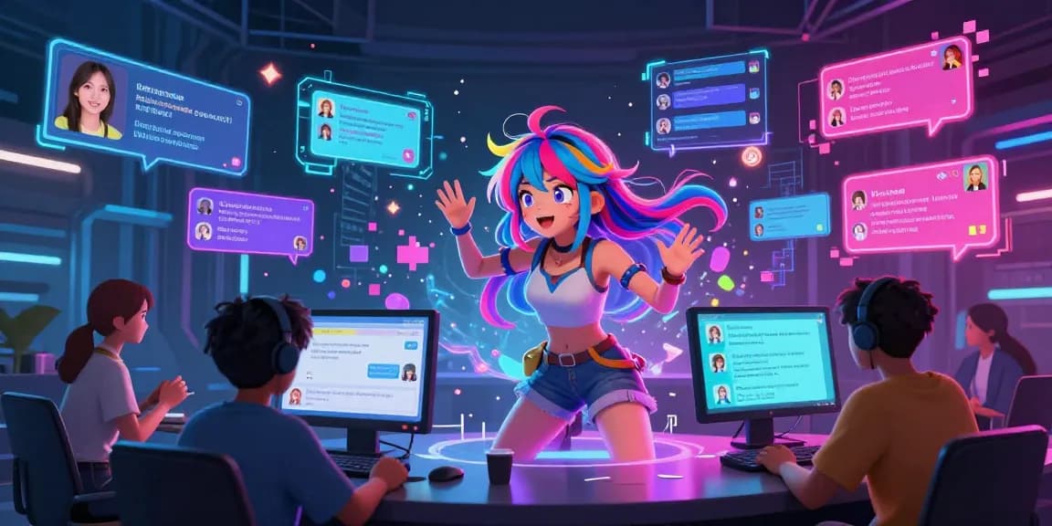 Engaging AI ecchi chat interaction featuring vibrant anime characters in a lively digital chat room.