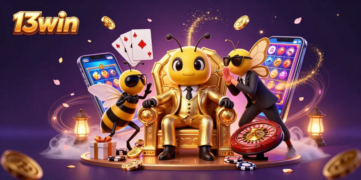 Engage with 13win's vibrant 3D illustration showcasing a bumblebee mob boss amidst dynamic casino elements, celebrating gaming excitement.