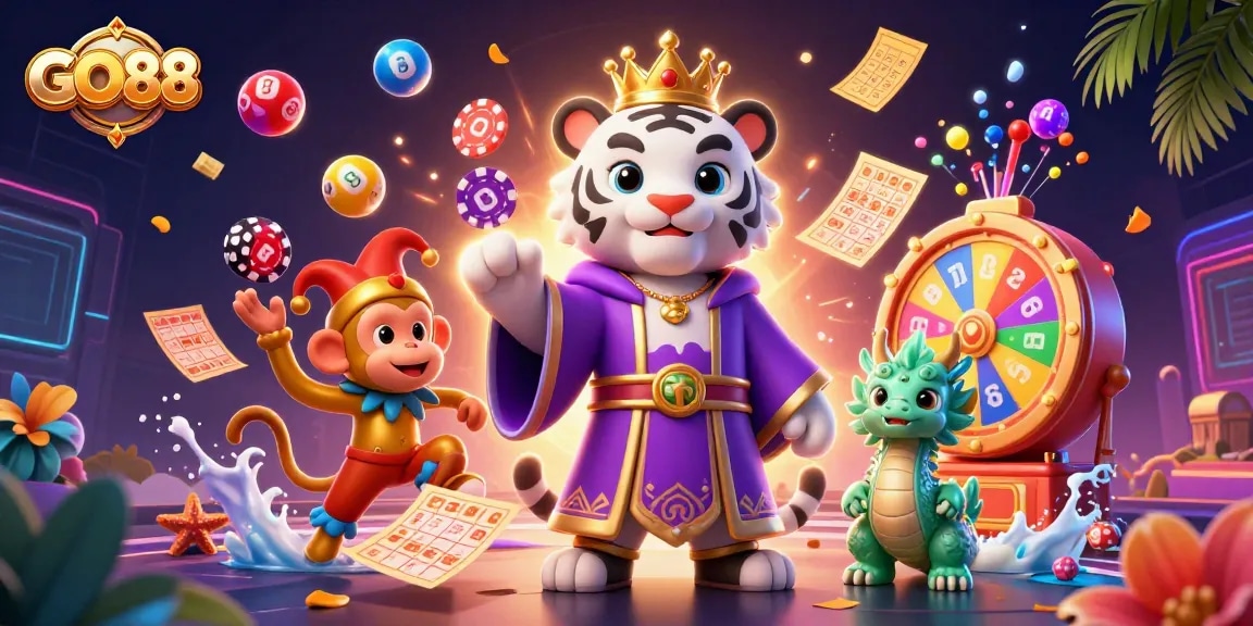 Engage with GO88 in a vibrant 3D casino atmosphere featuring a royal tiger, juggling monkey, and lively elements.